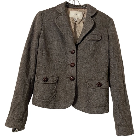 Banana Republic Women's Wool Blend Cropped Blazer in Brown Tweed Sz 4 Outlander - Picture 1 of 16